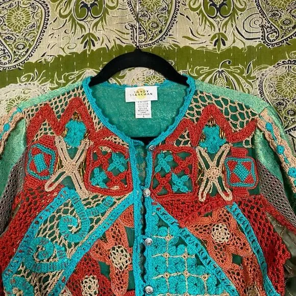 Rare Vintage Sandy Starkman Aqua Patchwork/ Embroidered Boho Cardigan Size Small - Picture 2 of 15